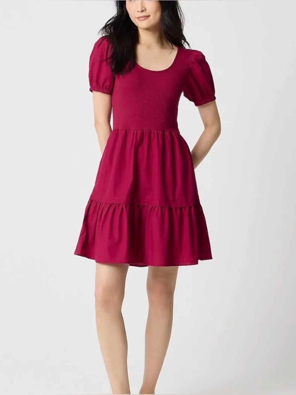 J. crew Sz L Puff-Sleeve Knit Mixy Mini Dress Bright Burgundy